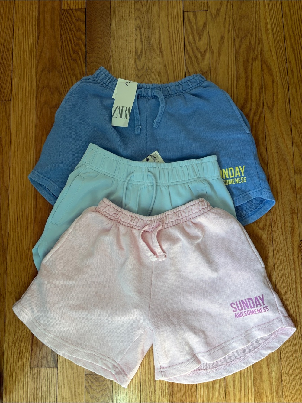 Zara Bundle of 3 Girls shorts. Pastel Pink and Light Blue Kids Drawstring Shorts